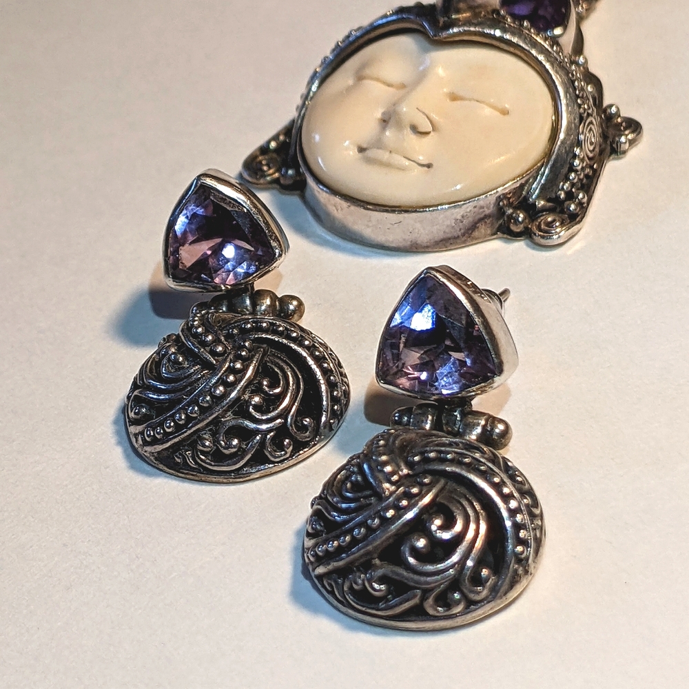 Sterling Silver Thai trillion Amethyst Statement Filagree Earrings ( only )